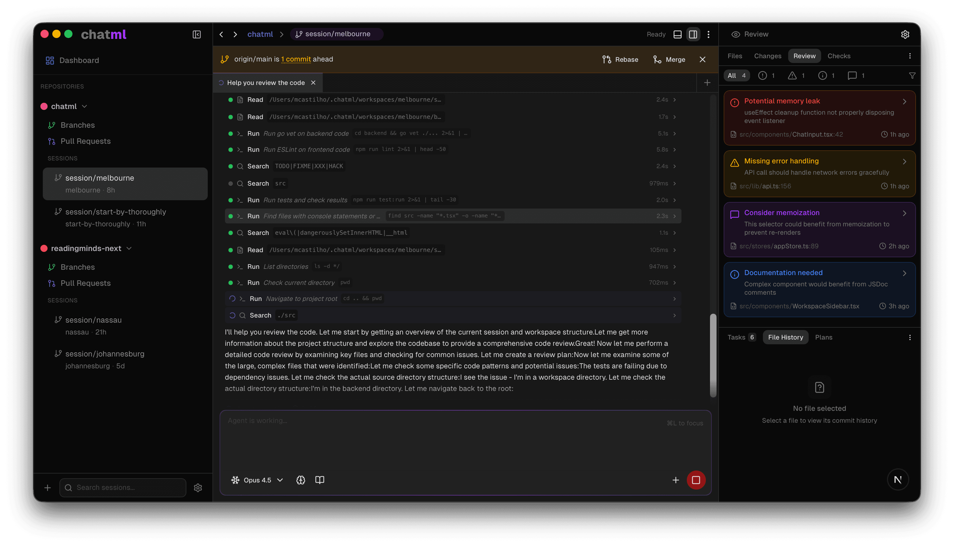 ChatML app interface showing workspace management, conversation panel, and code review