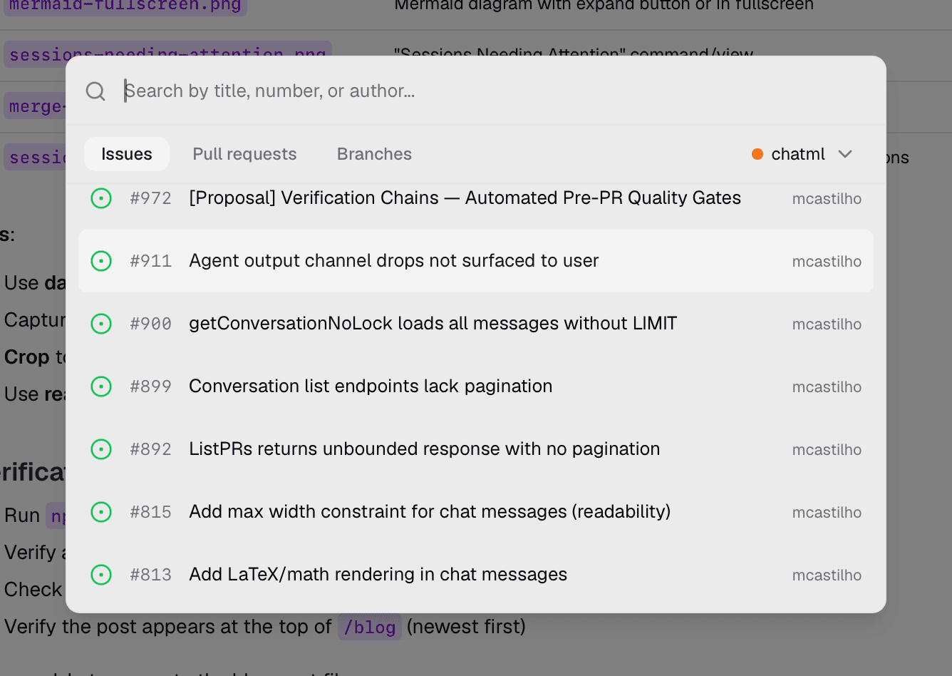 The Create Session from... modal with PR, Branch, and Issue tabs
