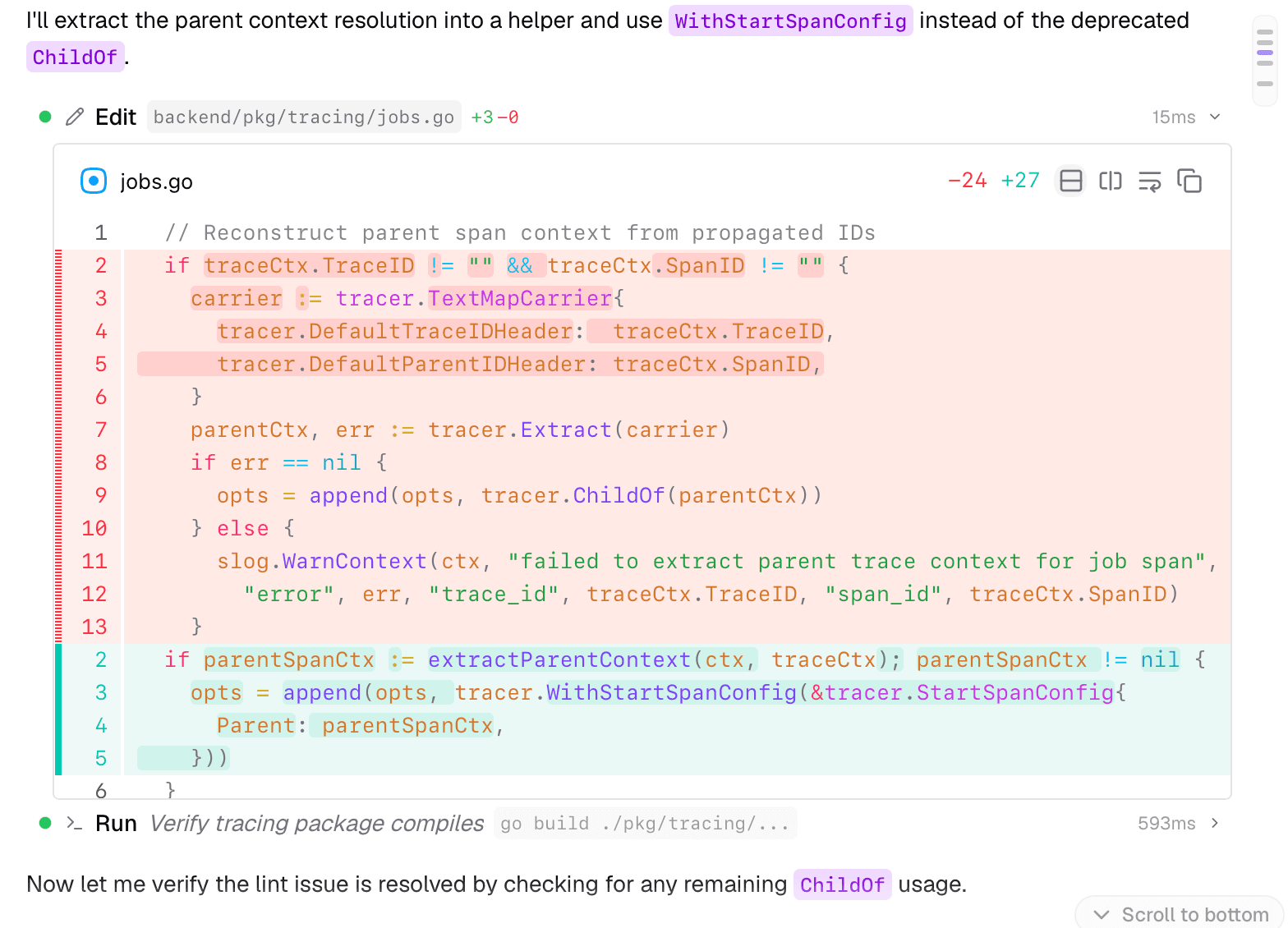 Edit tool block auto-expanded showing an inline diff